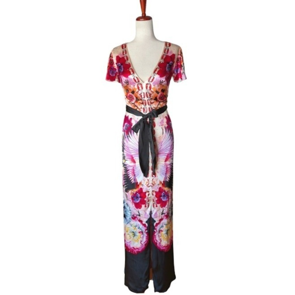 Temperley London Giselle‎ V-Neck Maxi Dress Silk Satin Hibiscus Mix UK8 US4 NEW